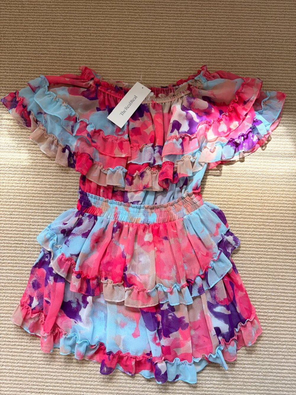 MISA Los Angeles Blue Pink Purple Watercolor Tiered Ruffle Mini Dress XS NWT